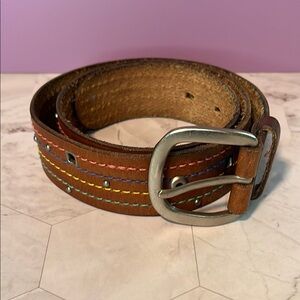Fossil  Brown Leather Belt w/ Colorful Decorative Stitching Vtg